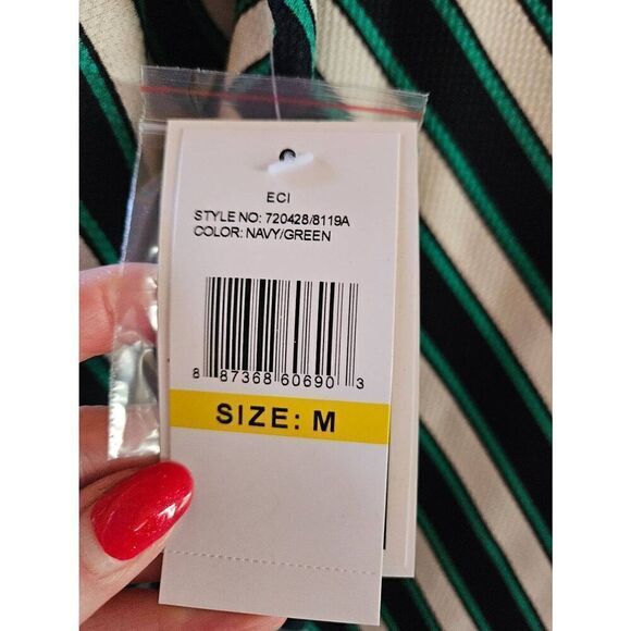 ECI New York Striped Long Puffed Sleeve Dress Navy Green White Medium - Picture 9 of 10